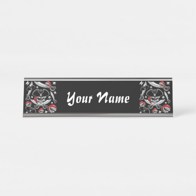 Porte-nom Pour Bureau Pirate Skull avec Sabres croisés (Devant)