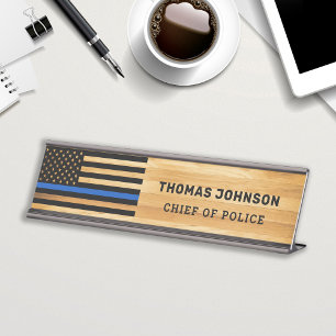 Porte-nom Pour Bureau Police Officier Ligne Bleue Mince Drapeau Bois rus