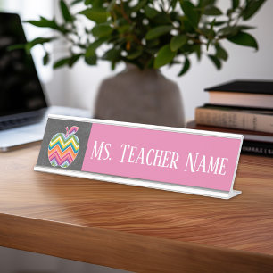 Porte-nom Pour Bureau Pomme enseignant personnalisée avec Motif Chevron