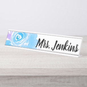 Porte-nom Pour Bureau Professeurs de fleurs bleues à l'aquarelle
