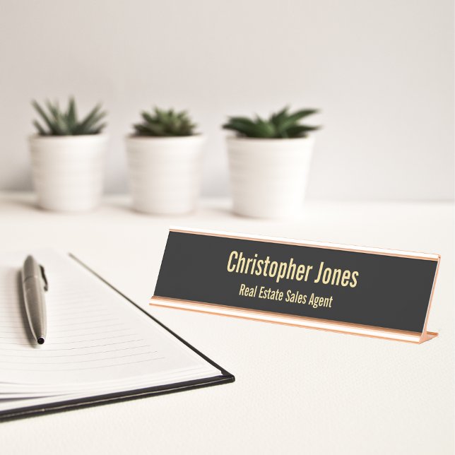 Porte-nom Pour Bureau Professionnel élégant Black Faux Gold Office Titre (Professional Elegant Black Faux Gold Office Title Desk Name Plate)