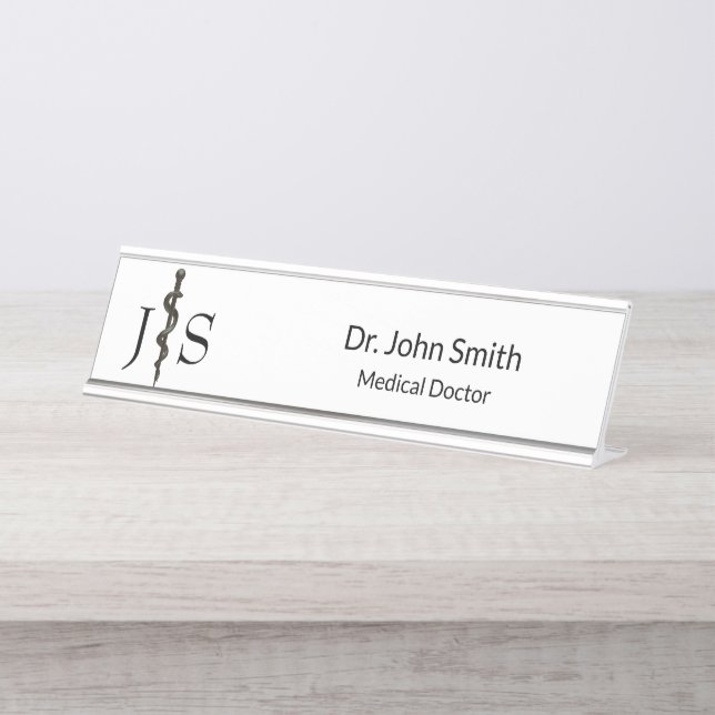 Porte-nom Pour Bureau Professionnel Médicale Simple Asclepius Noir Blanc (Devant)