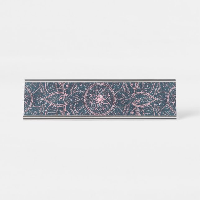 Porte-nom Pour Bureau Rose élégant Gold Mandala Blue Nebula Stars (Devant)