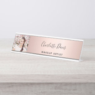 Porte-nom Pour Bureau Rose or photo signature moderne script
