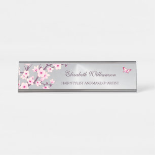 Porte-nom Pour Bureau Salon rose gris fleuri aux fleurs de cerisier