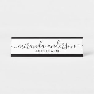 Porte-nom Pour Bureau Script moderne professionnel noir et blanc