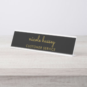 Porte-nom Pour Bureau Script Noir et Or    Monogramme Moderne Élégant