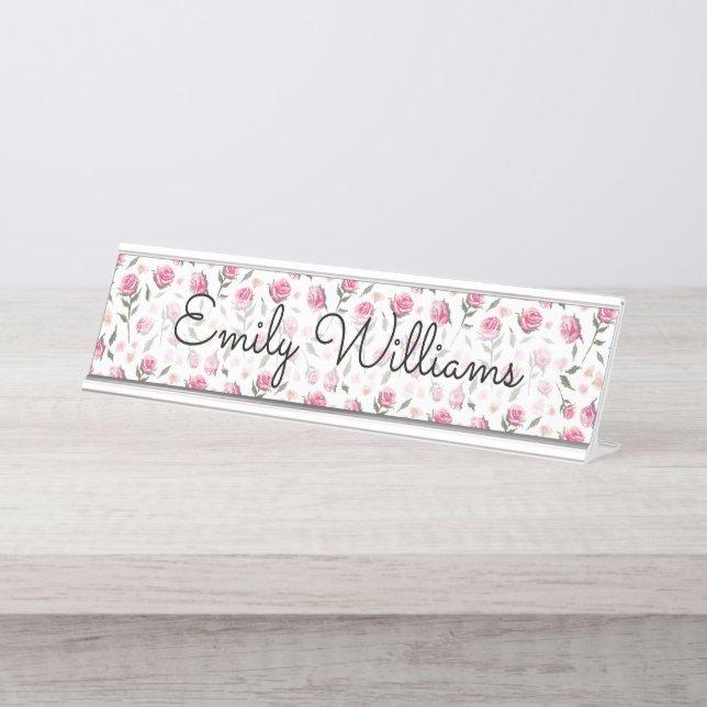 Porte-nom Pour Bureau Shabby Chic Minuscule Roses Pretty Rose Blanc Femi (Devant)