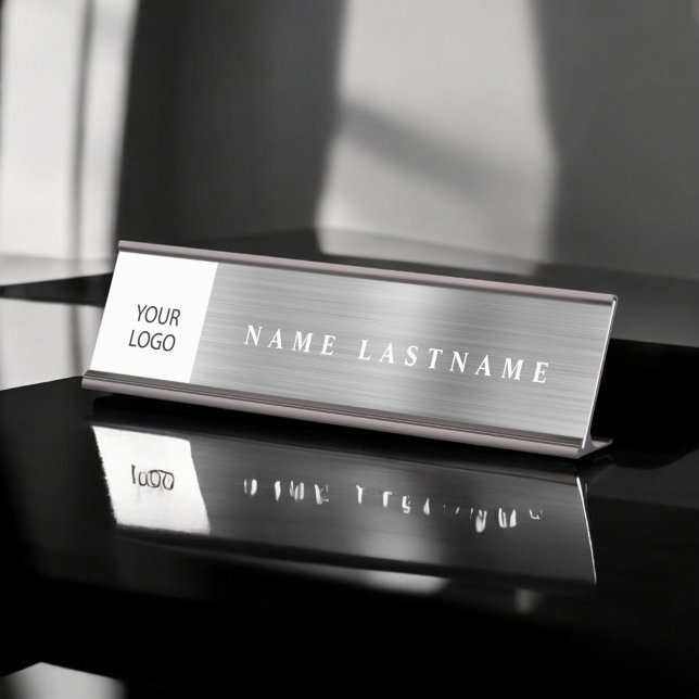 Porte-nom Pour Bureau Silver Modern Custom Logo Executive Professional (Créateur téléchargé)