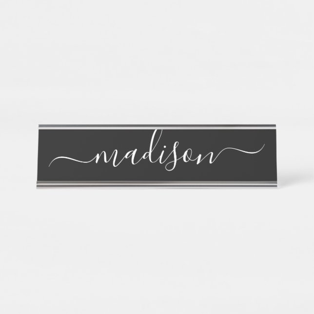 Porte-nom Pour Bureau Simple élégant noir blanc féminin Nom de script (Devant)