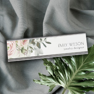 Porte-nom Pour Bureau Soft Chic Blush Pink Peony Feuilleté Botanique Flo