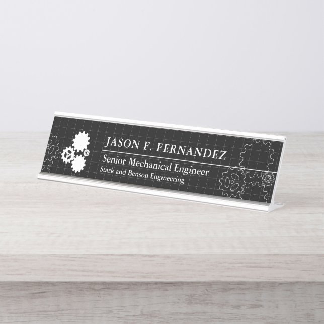 Porte-nom Pour Bureau Style de plan de l'ingénieur, noir personnalisé (Devant)