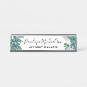 Porte-nom Pour Bureau Succulent botanique avec Floral, Nom et Titre