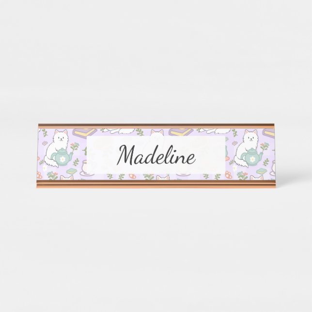 Porte-nom Pour Bureau Tea & Bookish Cats Personalized Desk Name Plate (Devant)