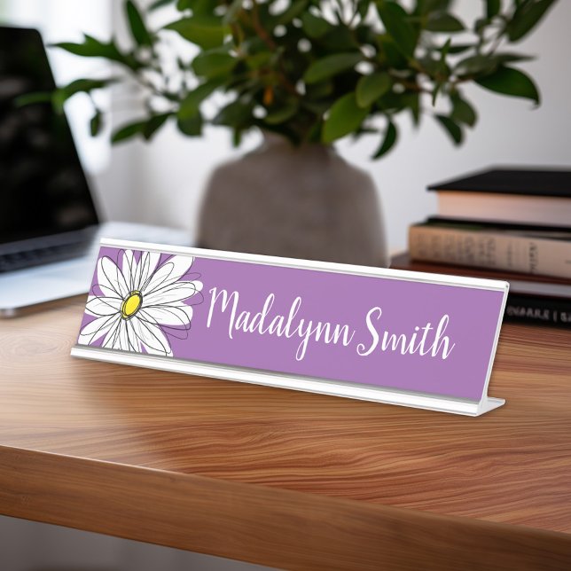Porte-nom Pour Bureau Texte personnalisé marguerite mauve et jaune (Personalized Desk Sign with Name and Title - Custom Executive Name Plate)