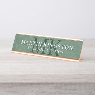 Porte-nom Pour Bureau Texture de pierre élégante Monogramme vert foncé N