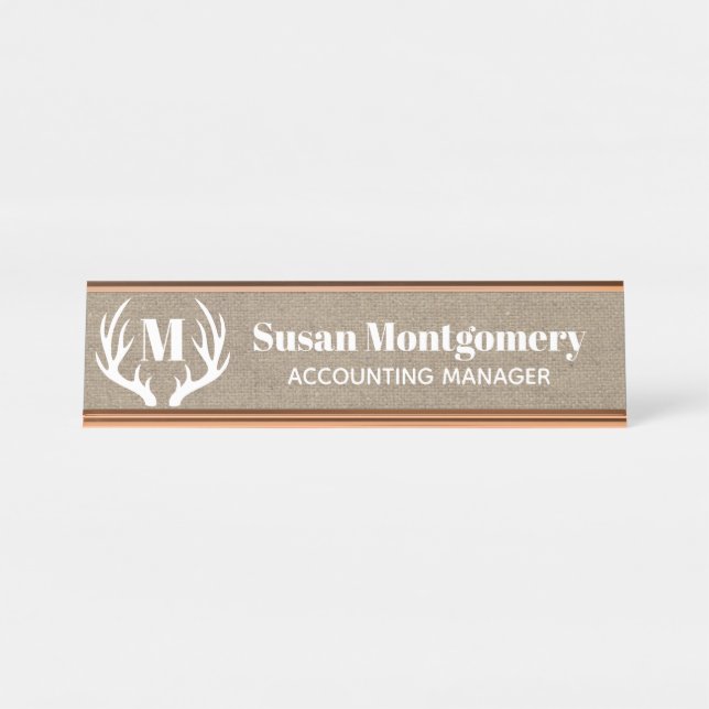 Porte-nom Pour Bureau Toile de jute blanche rustique de Faux (Devant)