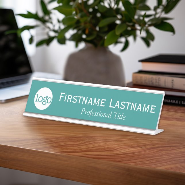 Porte-nom Pour Bureau Turquoise & blanc - Logo, Nom, Titre professionnel (Custom Nameplate - Add Name and Title for Executive Sign or customize in the design area)