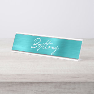 Porte-nom Pour Bureau Turquoise Bleu Feuille Moderne Pinceau Écriture Pr
