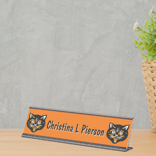 Porte-nom Pour Bureau Visage de chat noir vintage souriant Halloween ora