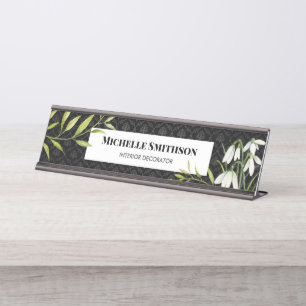 Porte-nom Pour Bureau Watercolor White Snowdrops et Laurel Damask