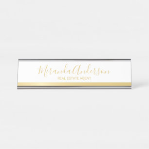 Porte-nom Pour Bureau White & Gold professionnel avec nom de script mode