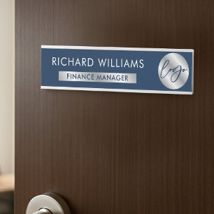 Porte-nom Pour Porte Business Navy & Silver Logo Nom du personnel Titre