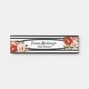Porte-nom Pour Porte Fleurs florales Panneau de porte noir et blanc