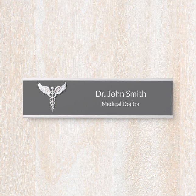 Porte-nom Pour Porte Médicale Blanc Nettoyé Détaillé Caduceus Anthracit (Devant)