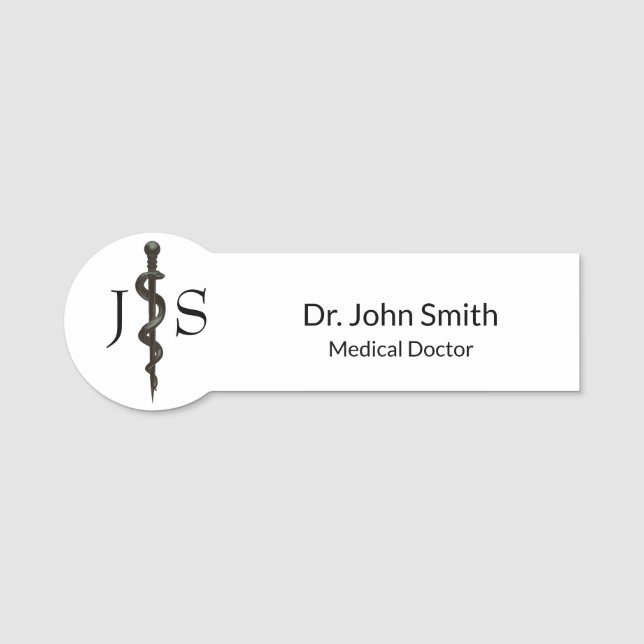 Porte-nom Professionnel Médicale Simple Asclepius Noir Blanc (Devant)