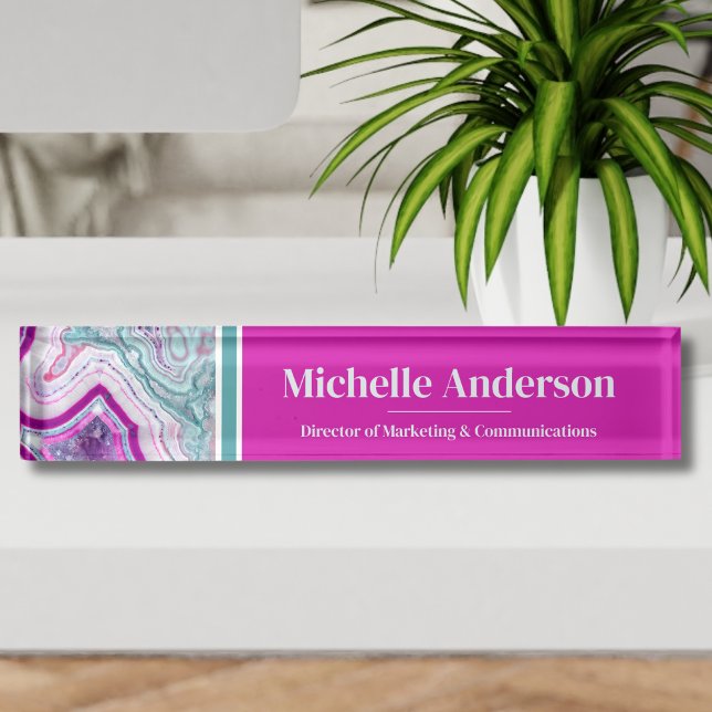 Porte-nom Professionnel Moderne Agate Élégant (Modern Teal Magenta Agate Desk Name Plate)