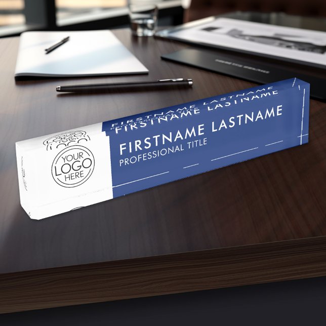 Porte-nom Professionnel, Moderne Bleu Blanc Logo, Nom, Titre (Personalized Name Plate With Your Logo Here)
