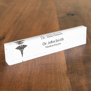 Porte-nom Professionnel Simple Médicale Caduceus Noir Blanc