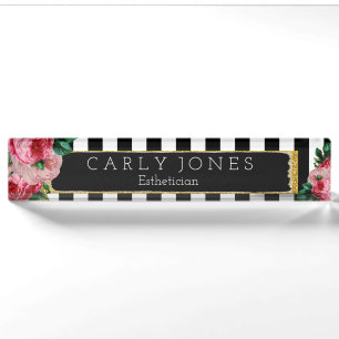 Porte-nom Rayures noires et plaque signalétique florale de