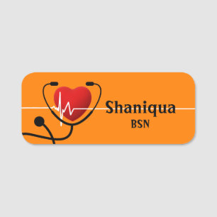 Porte-nom Red Heart EKG et Stethoscope Tangerine Médicale