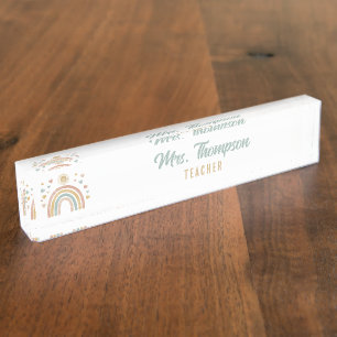 Porte-nom Retro Earthy Colors Rainbow et Sun Enseignant