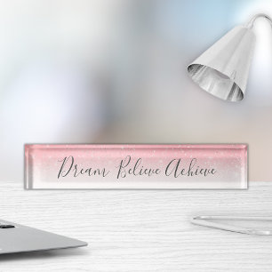 Porte-nom Rêver Croire Atteindre Motivationnel Pink Silver