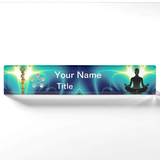 Porte-nom RODE D'ASCLEPIUS,7 CHAKRAS, YOGA LOTUS POSE Bleu (Devant)
