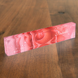 Porte-nom Romantique Rose rose rose gouttes d'eau Nom Plaque