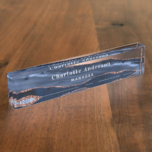 Porte-nom Rose bleu or agate marbre nom