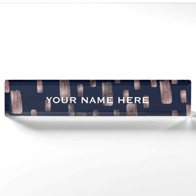 Porte-nom Rose de pinceau moderne or & marine Blue Sparkel (Devant)