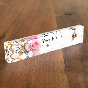 PORTE-NOM ROSE FLORAUX, DE ROSE ET MONOGRAMME ÉLÉGANTS