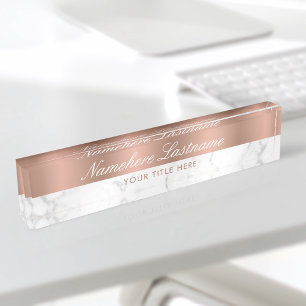 Porte-nom Rose Gold Blanc Gris Marbre Élégant Script