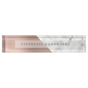 Porte-nom Rose Gold Élégant Métal Brossé Marbre Blanc