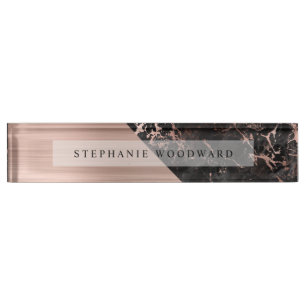 Porte-nom Rose Gold Élégant Métal Brossé Marbre Noir
