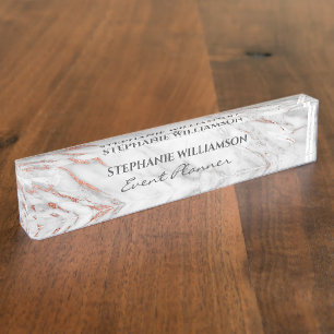 Porte-nom Rose Gold et Marbre Blanc Élégance Moderne