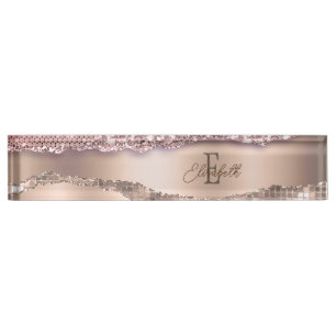 Porte-nom Rose Gold Tendance Diamants Paillettes Monogramme