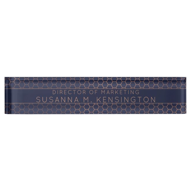 Porte-nom Rose moderne Gold Foil Marine bleu Hexagon géométr (Devant)
