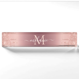 Porte-nom Rose Parties scintillant or Lettre personnalisée N