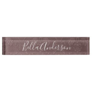 Porte-nom Rose Poussiéreux Foncé Gaufrage Floral Élégant